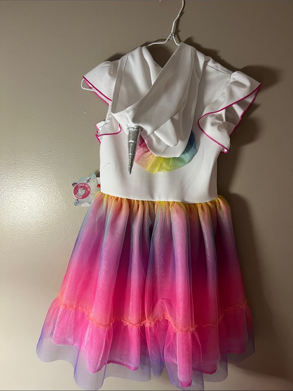 Nickelodeon White Hooded Unicorn Dress with Pink, Purple and Yellow Tulle Skirt - Picture 5 of 8